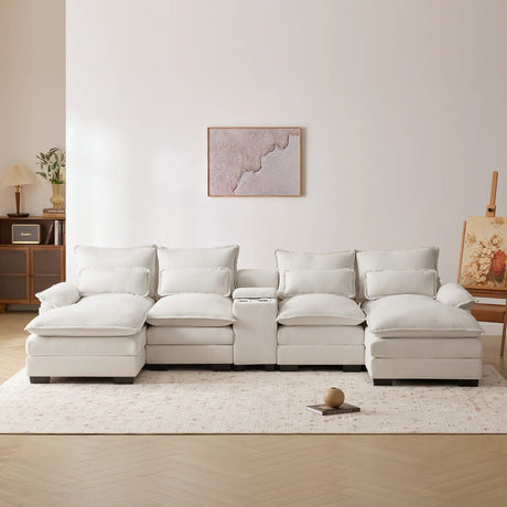 U Shaped Sectional Sofa With Console And Cupholders White - Furniture Home Direct