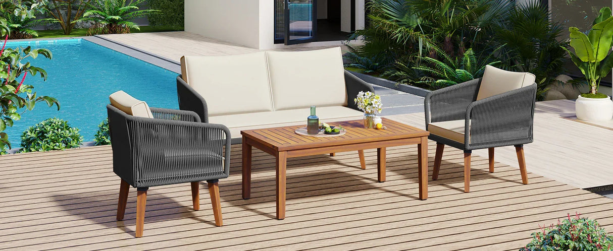 4-Piece Patio Conversation Set with Loveseat, 2 Chairs, Coffee Table + Cushions - Gray - Furniture Home Direct