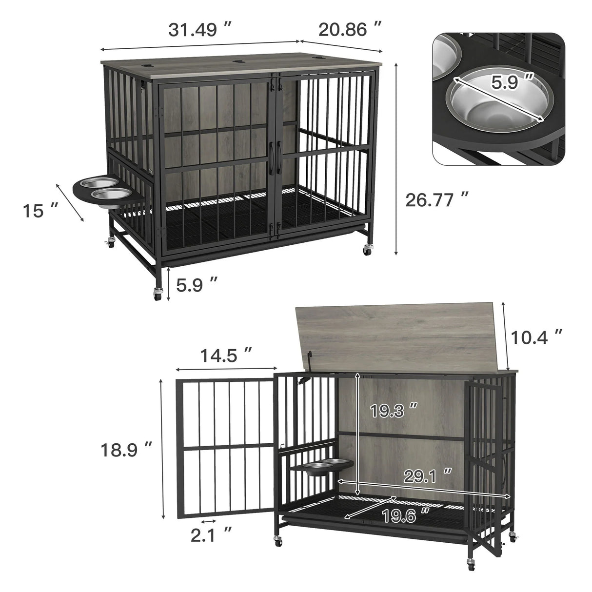 Modern Kennel Dogs Room Up To 60 Lb, Dog Crate Furniture With Multi-Purpose Rremovable Ttray, Double-Door Dog House, Lift Panel, 360 Degree Rotation, 3 Height Adjustable Feeding Bowls - Furniture Home Direct