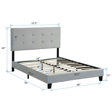 Full Size Upholstered Platform Bed Frame With Pull Point Tufted Headboard, Strong Wood Slat Support, Mattress Foundation, No Box Spring Needed - Gray - Furniture Home Direct