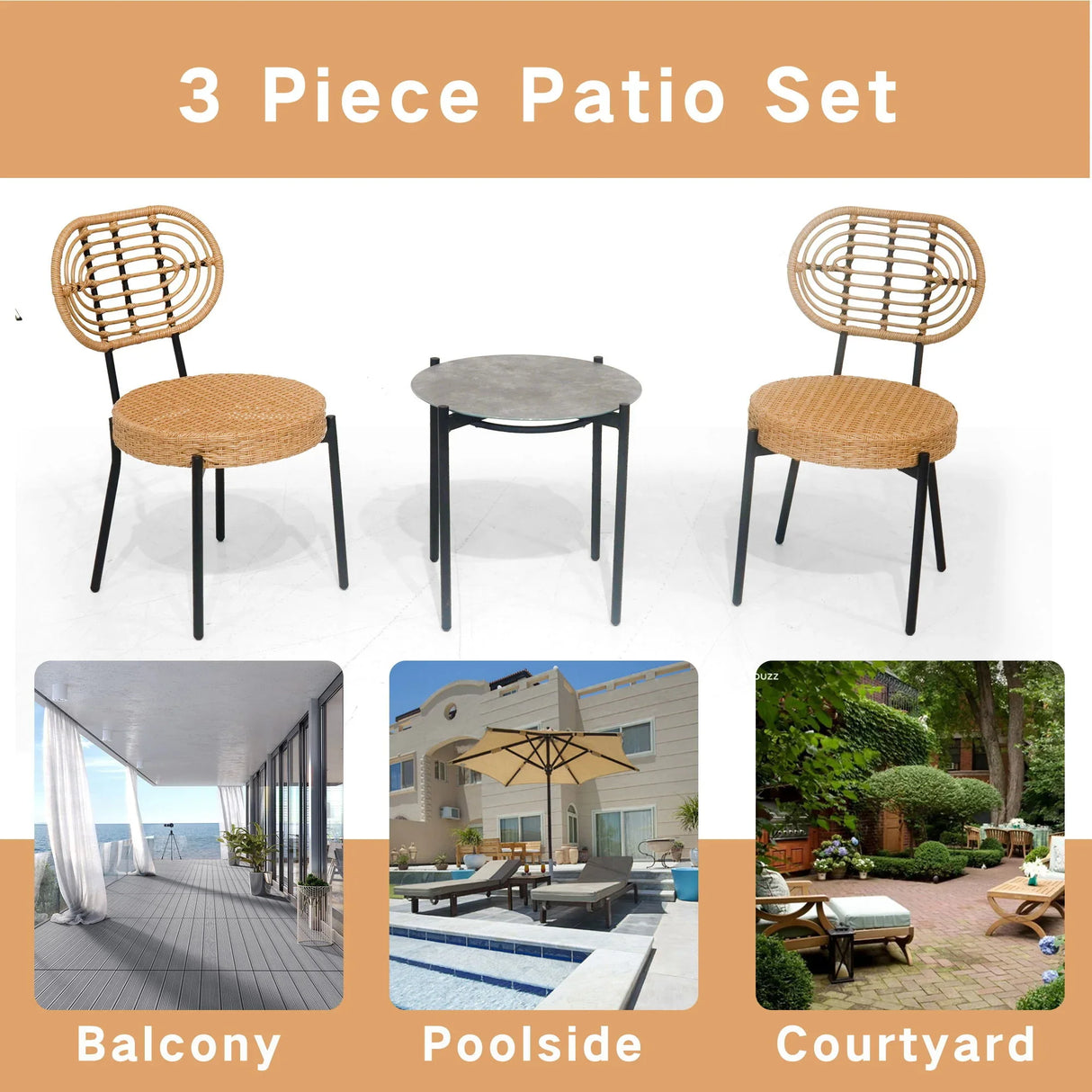 3 Pieces Of Luxury Outdoor Wicker Furniture Patio Bistro Style Table And Chair Combination, Weather Resistant PE Wicker Weave, Suitable For Garden - Black / Natural - Furniture Home Direct