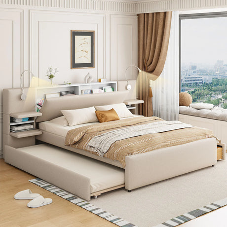 Upholstered Platform Bed With Reading Lights, Drawers, Trundle And Shelves - Furniture Home Direct