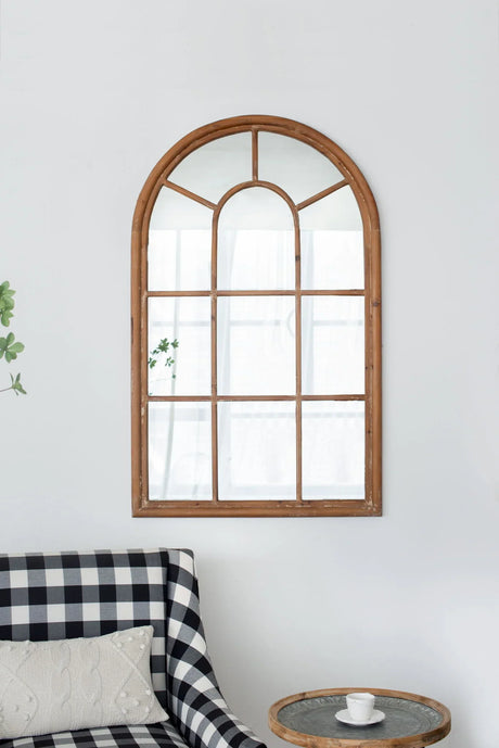 Large Arched Accent Mirror With Frame With Decorative Window Look Classic Architecture Style Solid Fir Wood Interior Decor - Brown - Furniture Home Direct