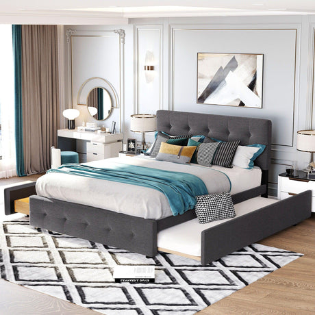Upholstered Platform Bed With Classic Headboard And Drawers, No Box Spring Needed - Furniture Home Direct