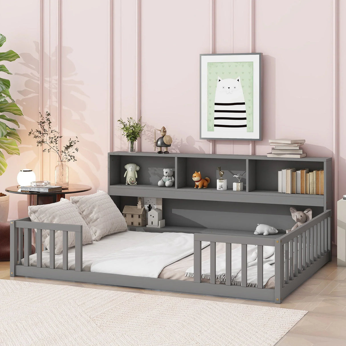 Floor Bed With Side Bookcase, Shelves, Guardrails - Furniture Home Direct