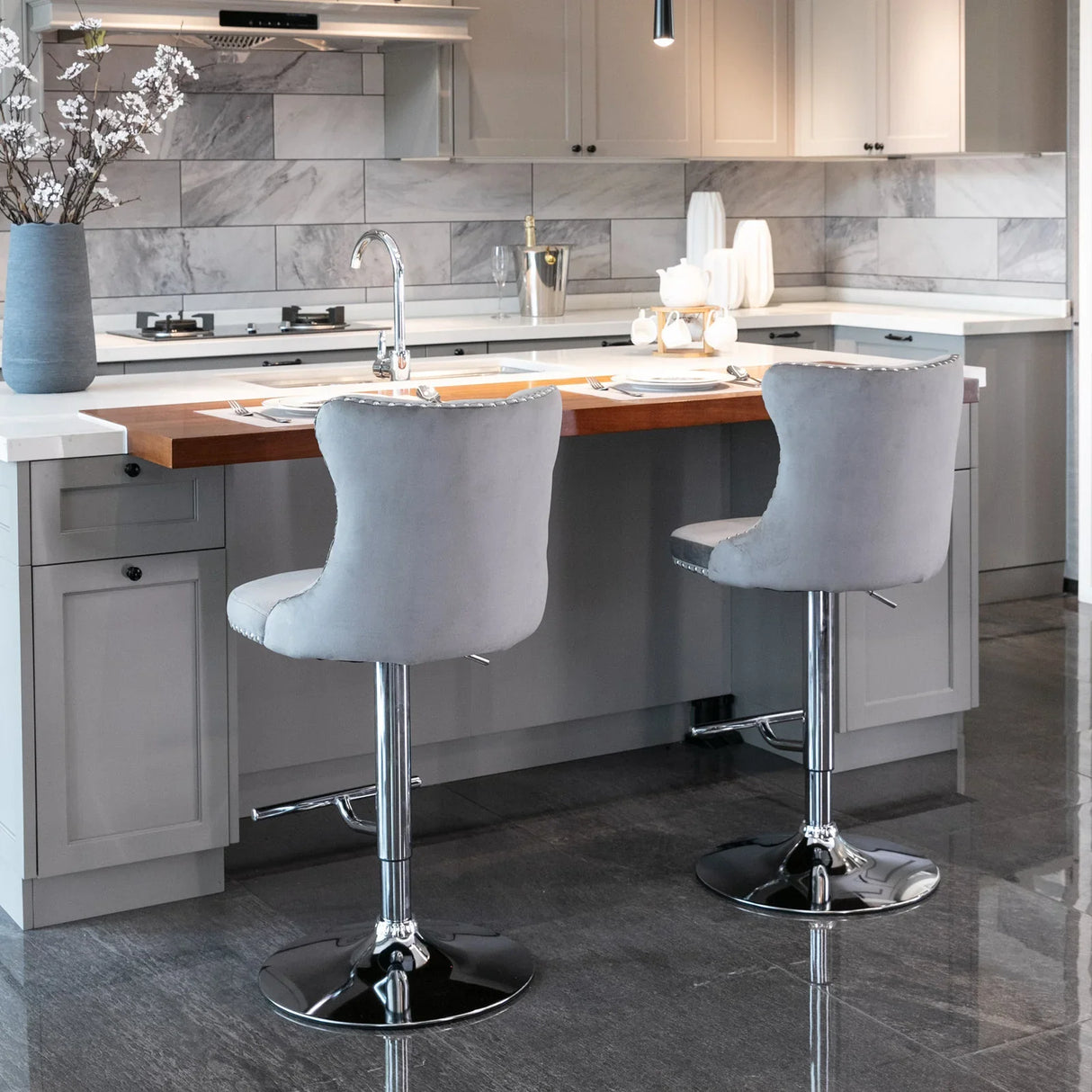 Counter Height Bar Stools Velvet Tufted Back Chrome Gray - Furniture Home Direct