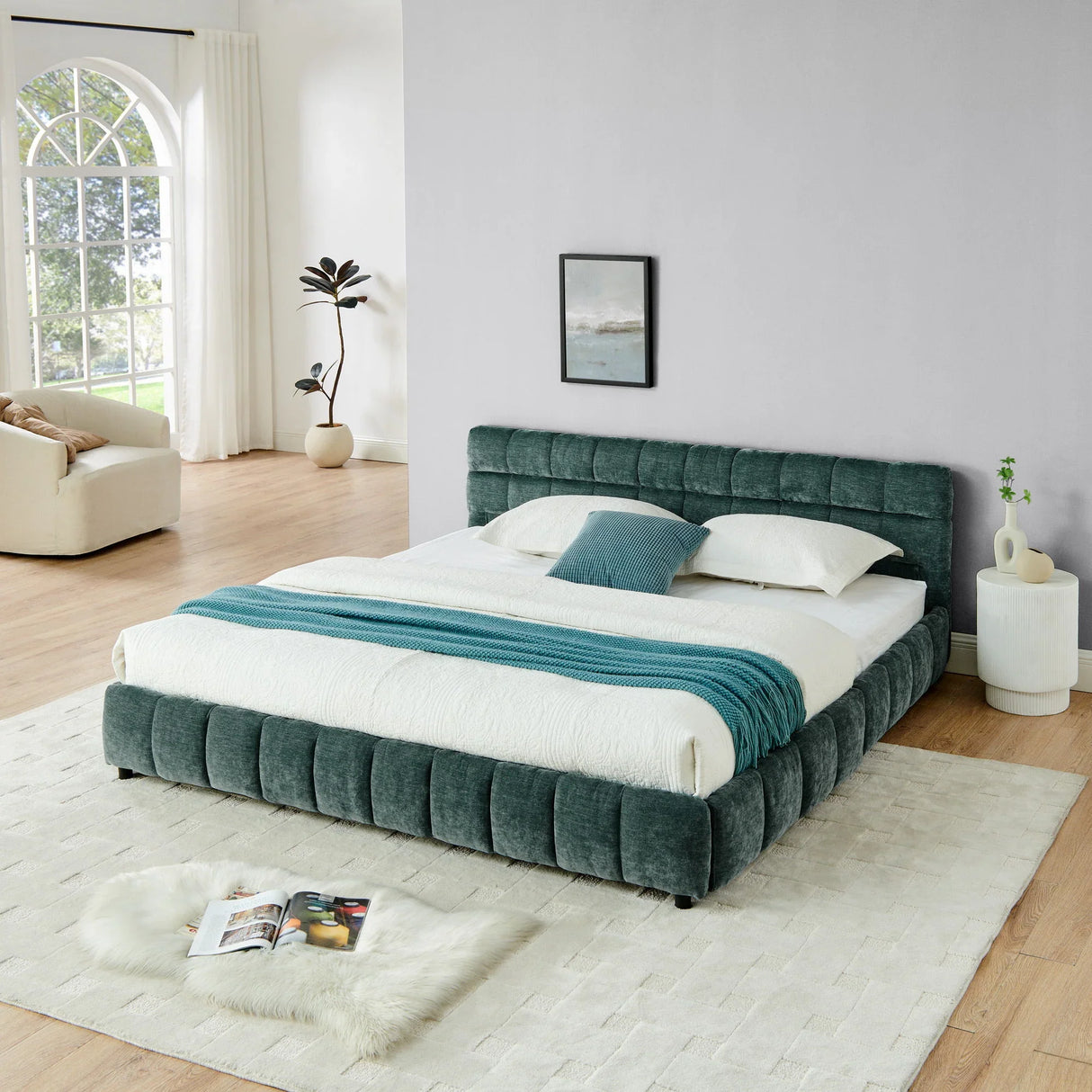 Modern Platform Bed Frame With Thick Chenille Fabric - Furniture Home Direct