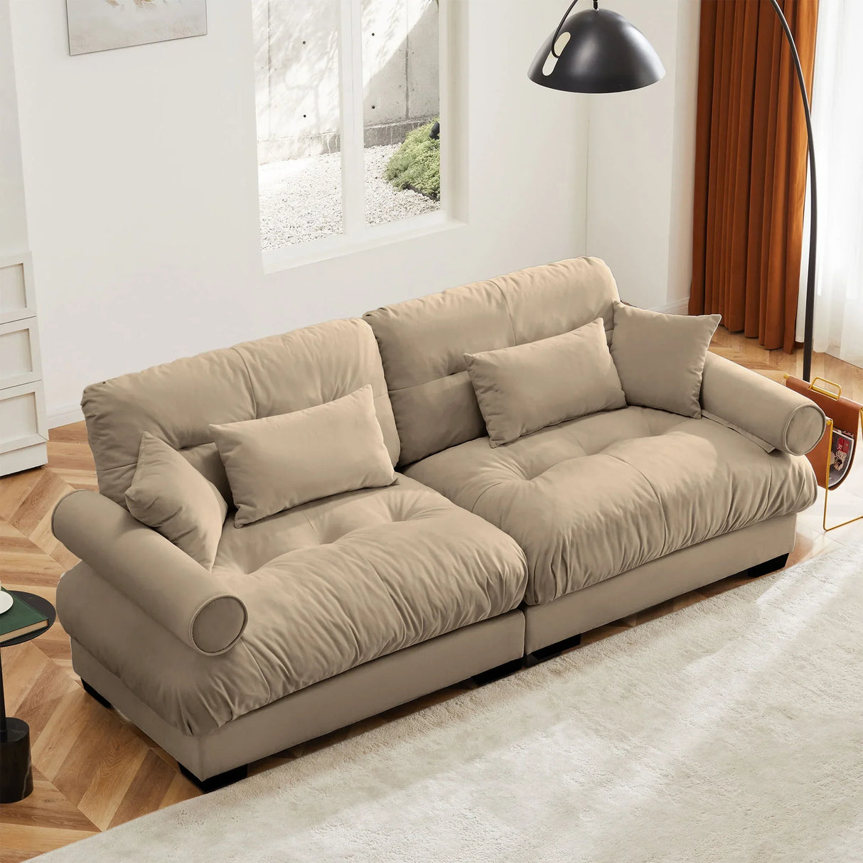 Modern Velvet Sofa With Bolstered Armrests And Pillows - Furniture Home Direct