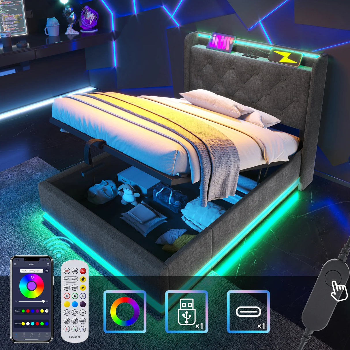 Twin Upholstered Bed 360 Surround LED Lighting USB C Gray - Furniture Home Direct