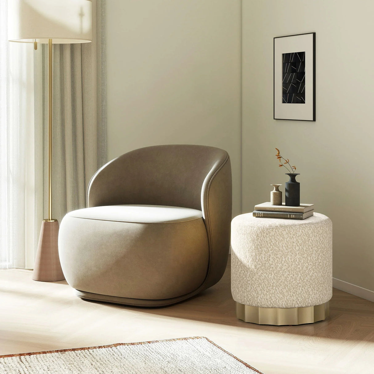 Hampton - Round Upholstered Ottoman With Scalloped Base - Speckled Egg Beige - Furniture Home Direct