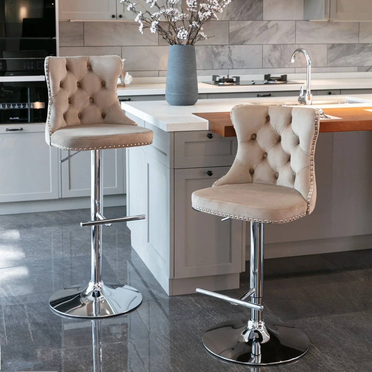 Bar Stool Set Swivel Tufted Velvet Chrome Base Khaki - Furniture Home Direct
