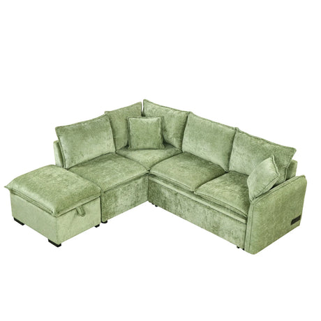 Convertible Sofa Bed Sectional Sofa Sleeper L-Shaped Sofa With A Storage Ottoman, Two Pillows, Two Power Sockets And Two USB Ports For Living Room - Furniture Home Direct