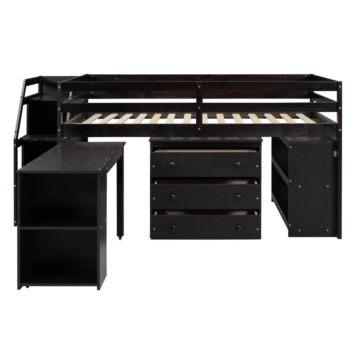 Loft Bed With Retractable Writing Desk And 3 Drawers With Storage Stairs And Shelves - Furniture Home Direct