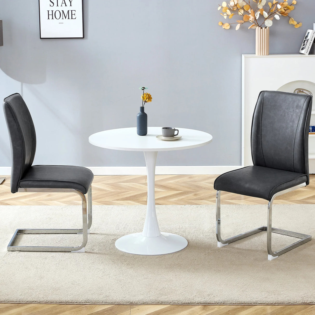 Dining Set Round Table With Black PU Leather Chairs White - Furniture Home Direct