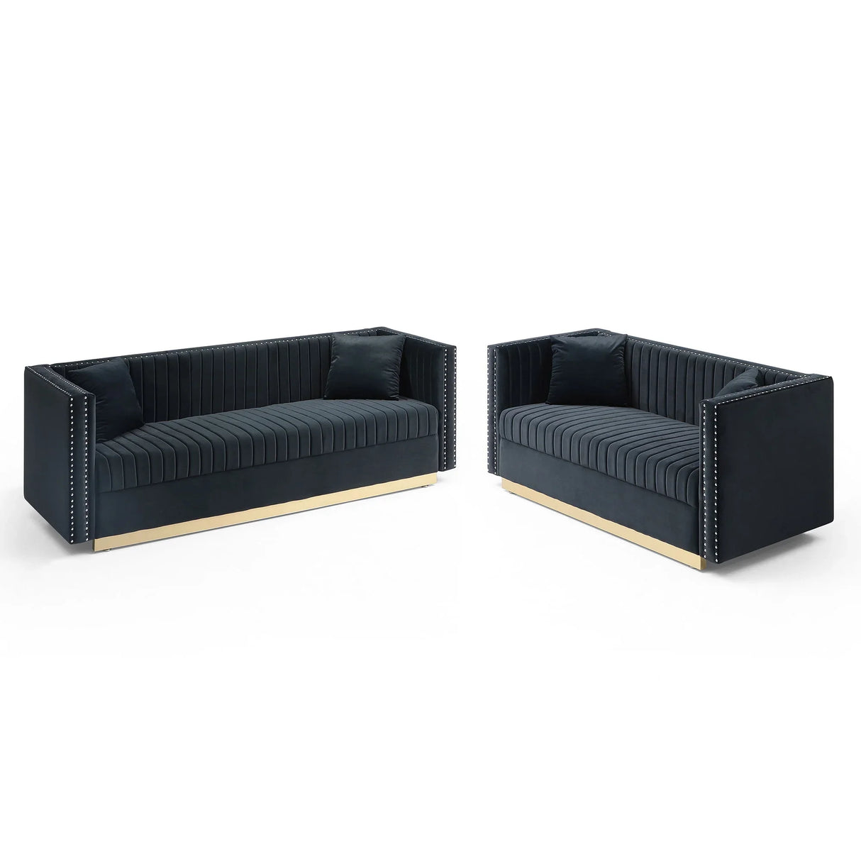 Contemporary Vertical Channel Tufted Velvet Sofa Loveseat Upholstered 2 Pieces Set With 4 Pillows - Furniture Home Direct