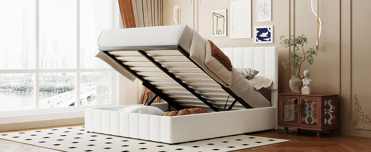 Storage Bed With Hydraulic Lift Platform, Upholstered White - Furniture Home Direct