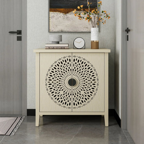 Hollow Carved 2 Door Accent Cabinet Sideboard Buffet Storage Cabinet With Adjustable Shelf For Entryway Living Room Bedroom - Natural - Furniture Home Direct