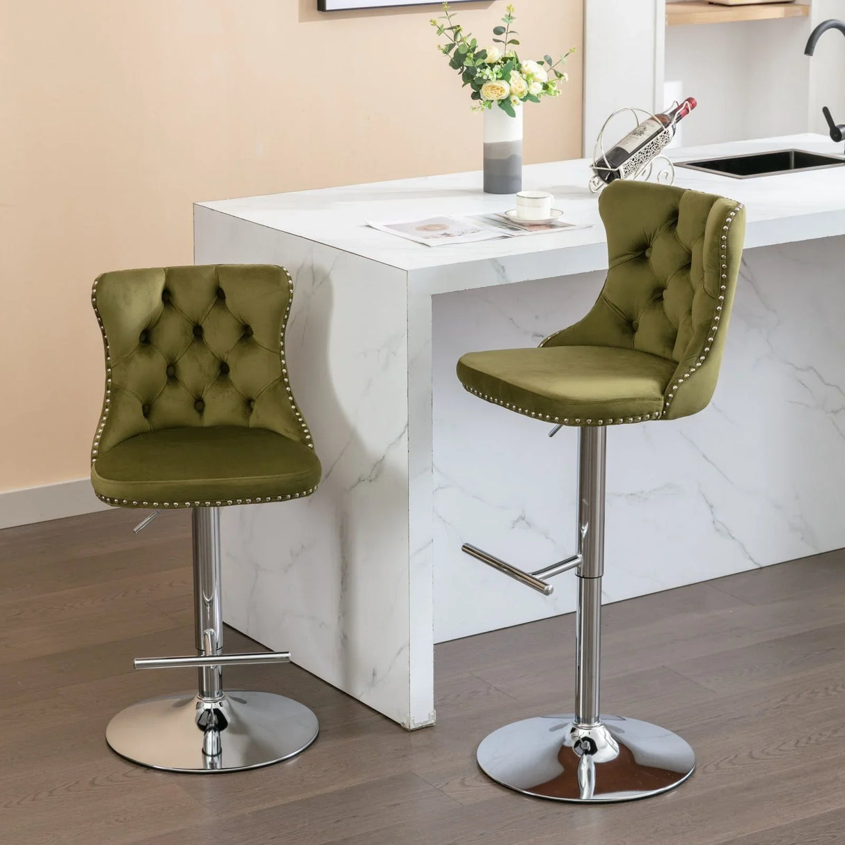 Swivel Velvet Barstools Adjusatble Seat Height From 25-33", Modern Upholstered Chrome Base Bar Stools With Backs Comfortable Tufted For Home Pub And Kitchen Island (Set of 2) - Furniture Home Direct