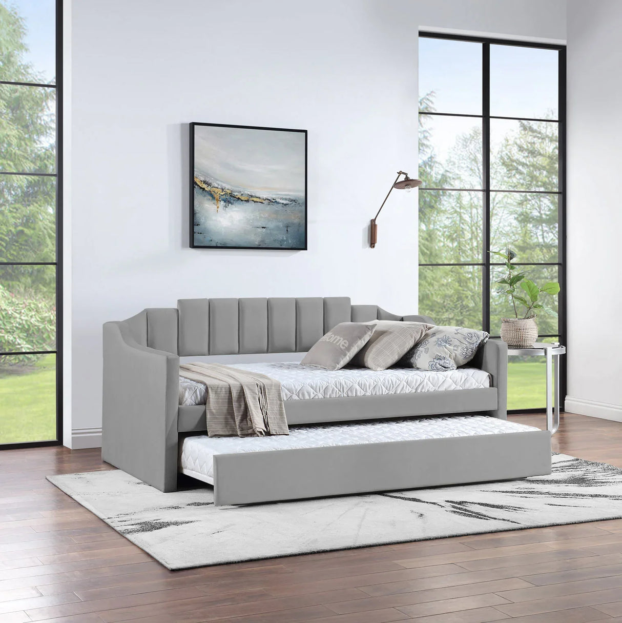 Daybed With Trundle Velvet Contemporary Twin Size Grey - Furniture Home Direct