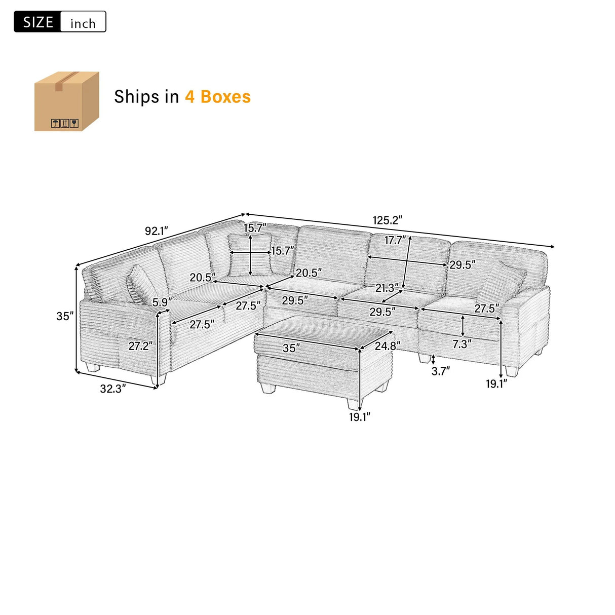 Upholstered U-Shaped Sectional Sofa With Movable Ottoman And Side Storage Pockets - Furniture Home Direct