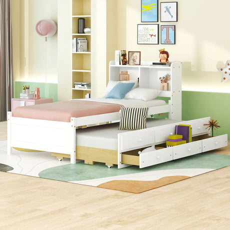 Bed With Built-In USB, Type-C Ports, LED Light, Bookcase Headboard, Trundle And 3 Storage Drawers, Bed With Bookcase Headboard, Trundle And Storage Drawers - Espresso - Furniture Home Direct