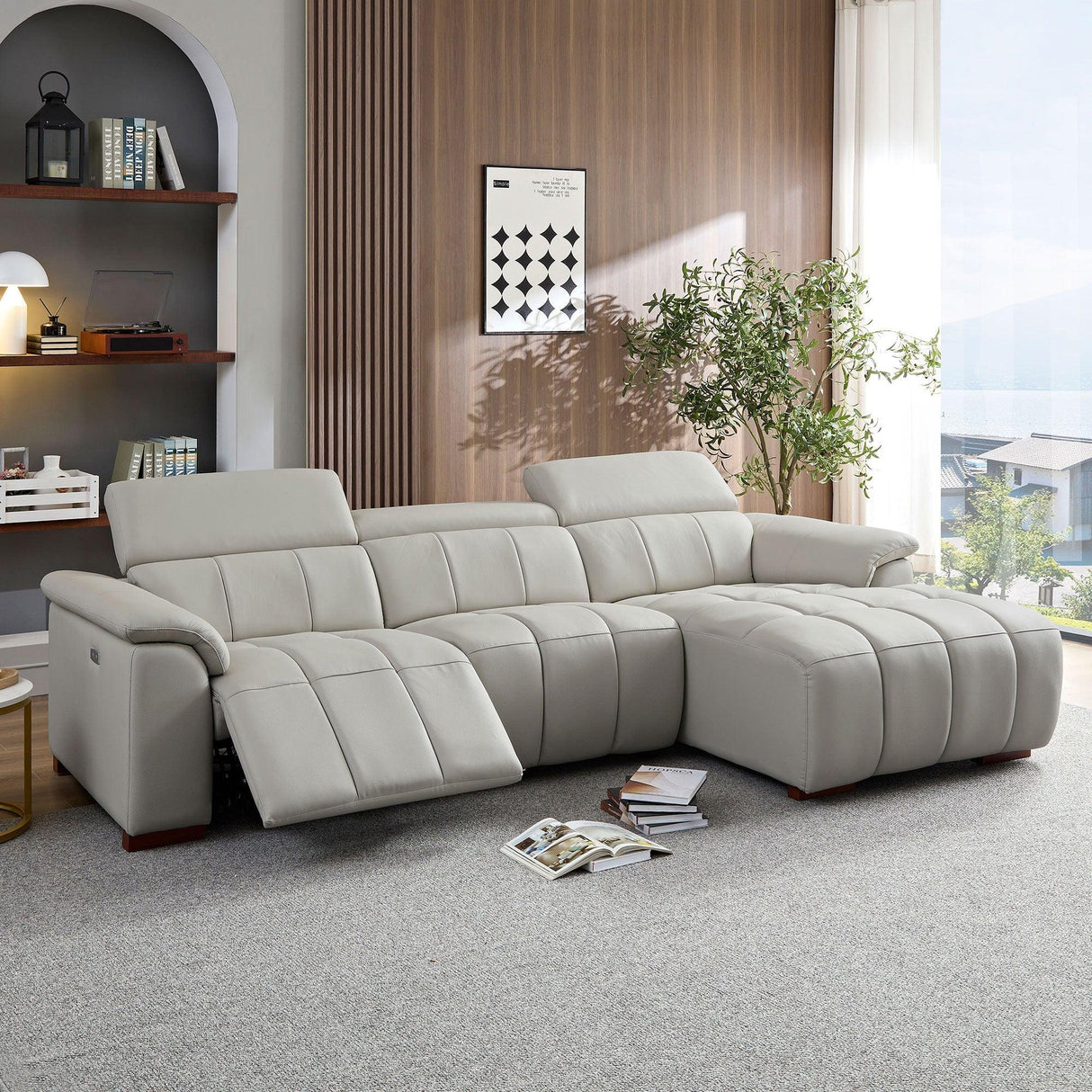 Power Reclining Sectional with USB Port - Light Gray - Furniture Home Direct