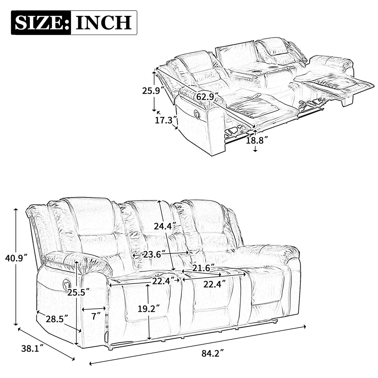 3 Seater Home Theater Recliner Manual Recliner Chair With Two Built-In Cup Holders For Living Room - Furniture Home Direct