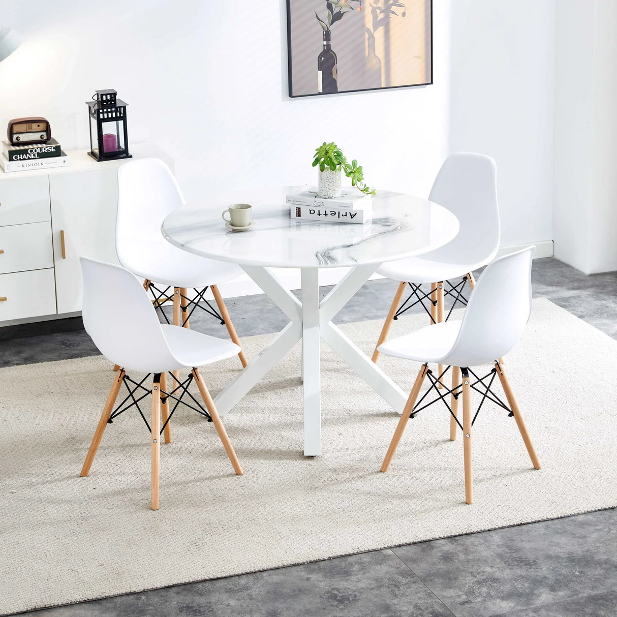 Table Cross Leg Mid-Century Dining Table For 4 - 6 People With Round MDF Table Top, Pedestal Dining Table, End Table Leisure Coffee Table - White - Furniture Home Direct