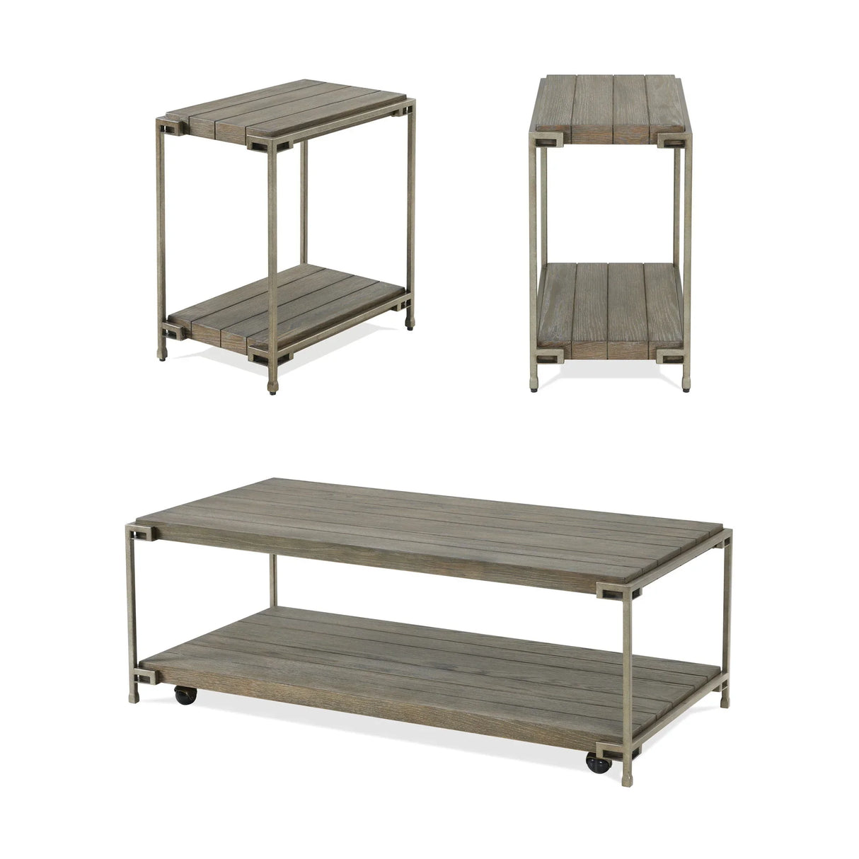 Corbeta - 3 Piece Metal Frame Wood Living Room Coffee Table And 2 Chairside Tables Set, Aged Graphite - Brown - Furniture Home Direct