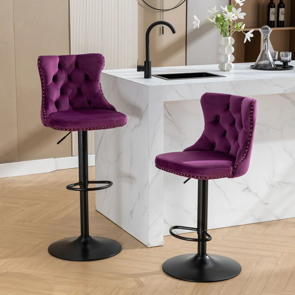 Swivel Velvet Barstools Adjusatble Seat Height, Modern Upholstered Bar Stools With Backs Comfortable Tufted For Home Pub And Kitchen Island (Set of 2) - Furniture Home Direct