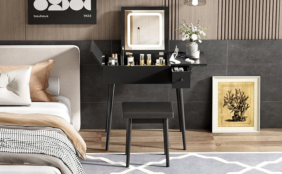 Makeup Vanity Desk With Flip Top Mirror And LED Light, Dressing Table With Charging Station, 2 Drawers And Fold Up Panel, Vanity Set With Cushioned Stool For Bedroom - Black - Furniture Home Direct