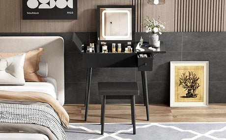 Makeup Vanity Desk With Flip Top Mirror And LED Light, Dressing Table With Charging Station, 2 Drawers And Fold Up Panel, Vanity Set With Cushioned Stool For Bedroom - Black - Furniture Home Direct
