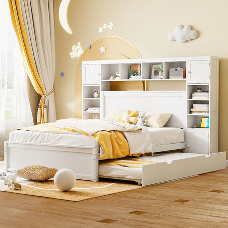 Bed With All In One Cabinet, Shelf And Sockets, Twin Long Trundle - Furniture Home Direct