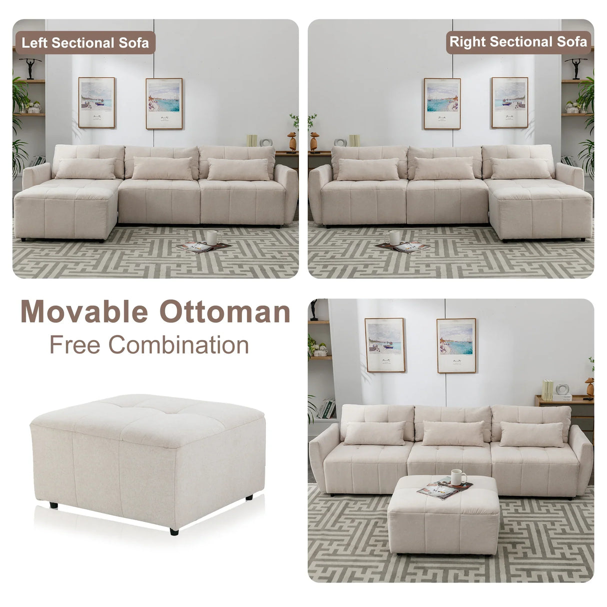 113.3 Modular Sectional With Ottoman And USB C Ports Beige - Furniture Home Direct