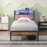 Modern Twin Size Metal Platform Bed Frame With Storage Headboard And Charging Station - Brown - Furniture Home Direct