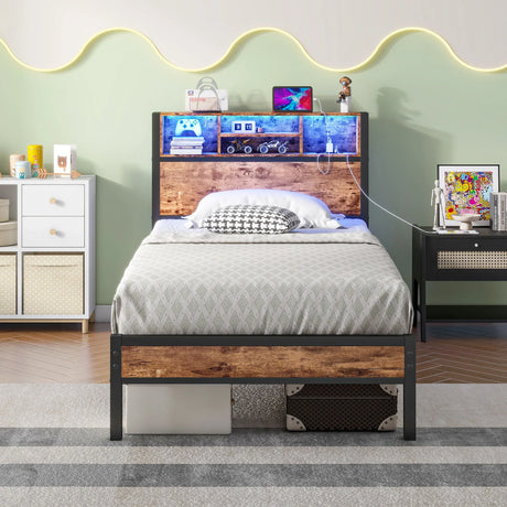 Modern Twin Size Metal Platform Bed Frame With Storage Headboard And Charging Station - Brown - Furniture Home Direct