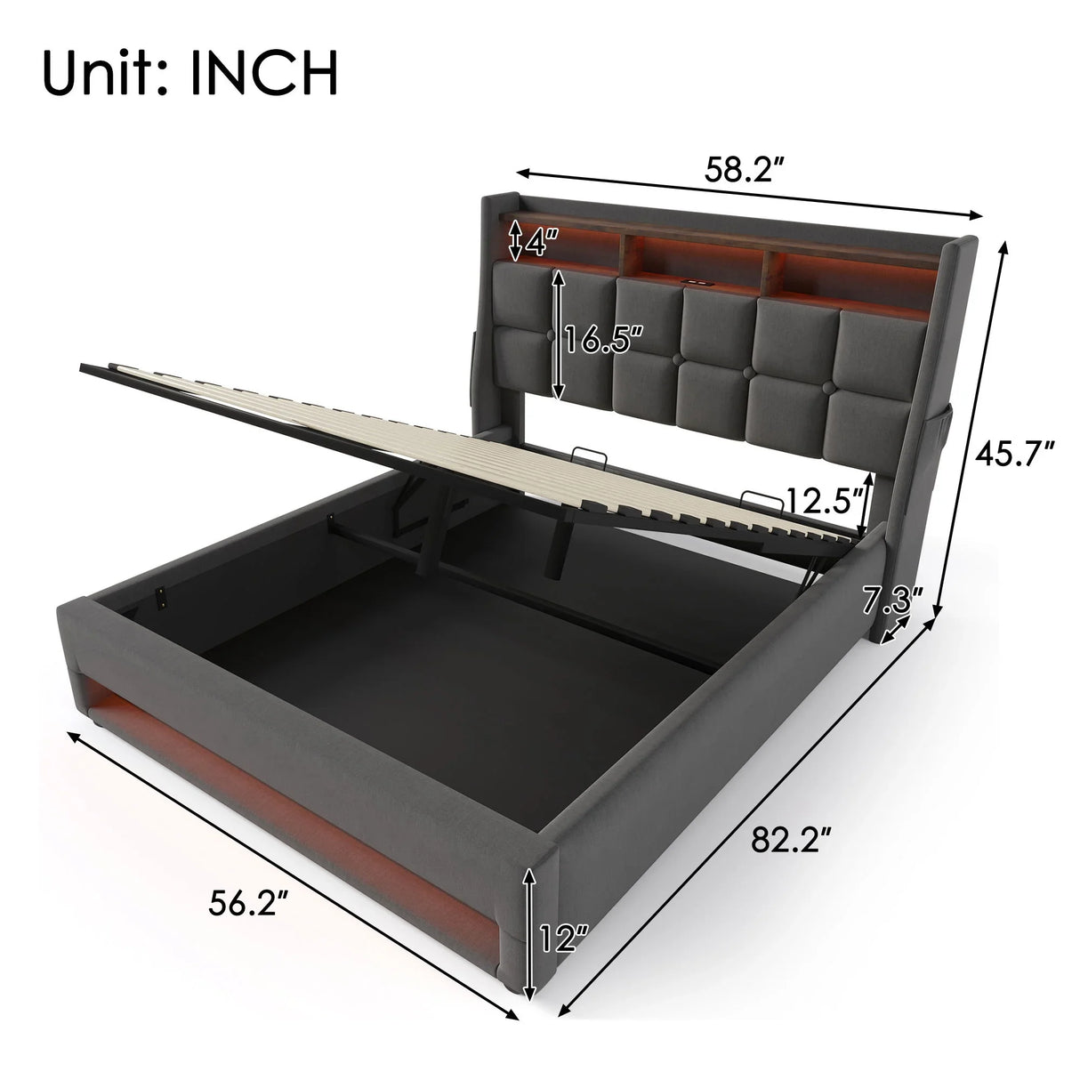 Upholstered Platform Bed With A Hydraulic Storage System, LED And USB Charging (Without Mattress) - Furniture Home Direct