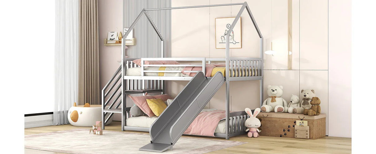 Twin Over Twin Metal Bunk Bed House Bed With Slide And Staircase - Furniture Home Direct