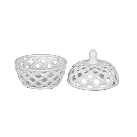 Ceramic Lidded Jar With Lattice Design - White - Furniture Home Direct