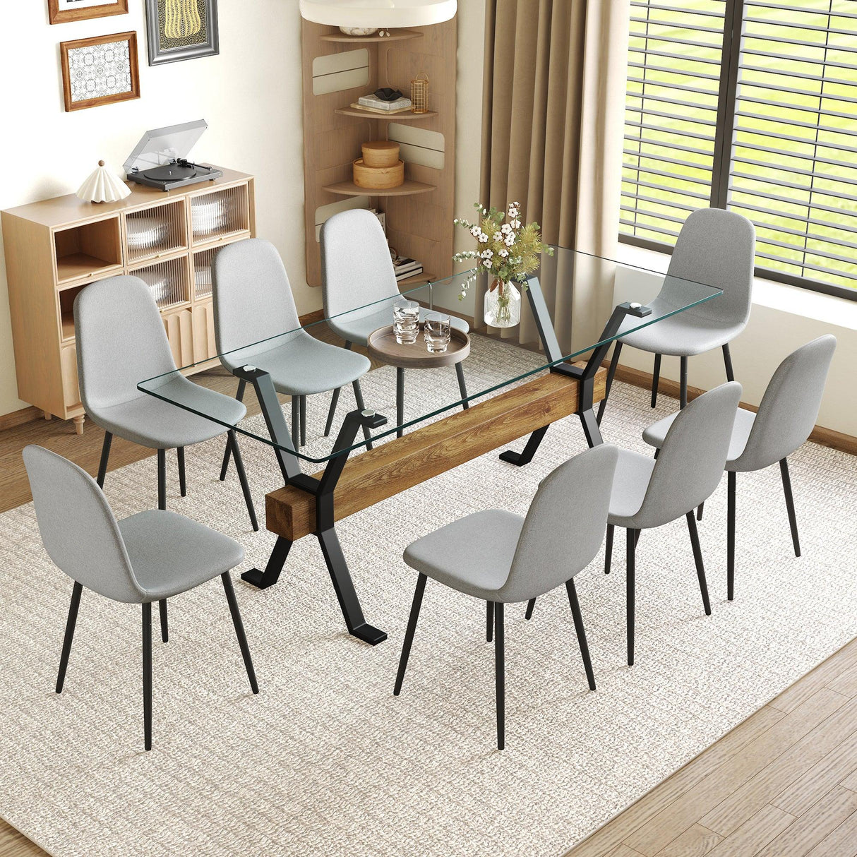 Dining Set Glass Top Table X Shaped Legs Eight Chairs Gray - Furniture Home Direct