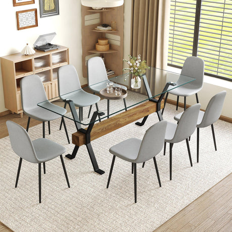 Dining Set Glass Top Table X Shaped Legs Eight Chairs Gray - Furniture Home Direct