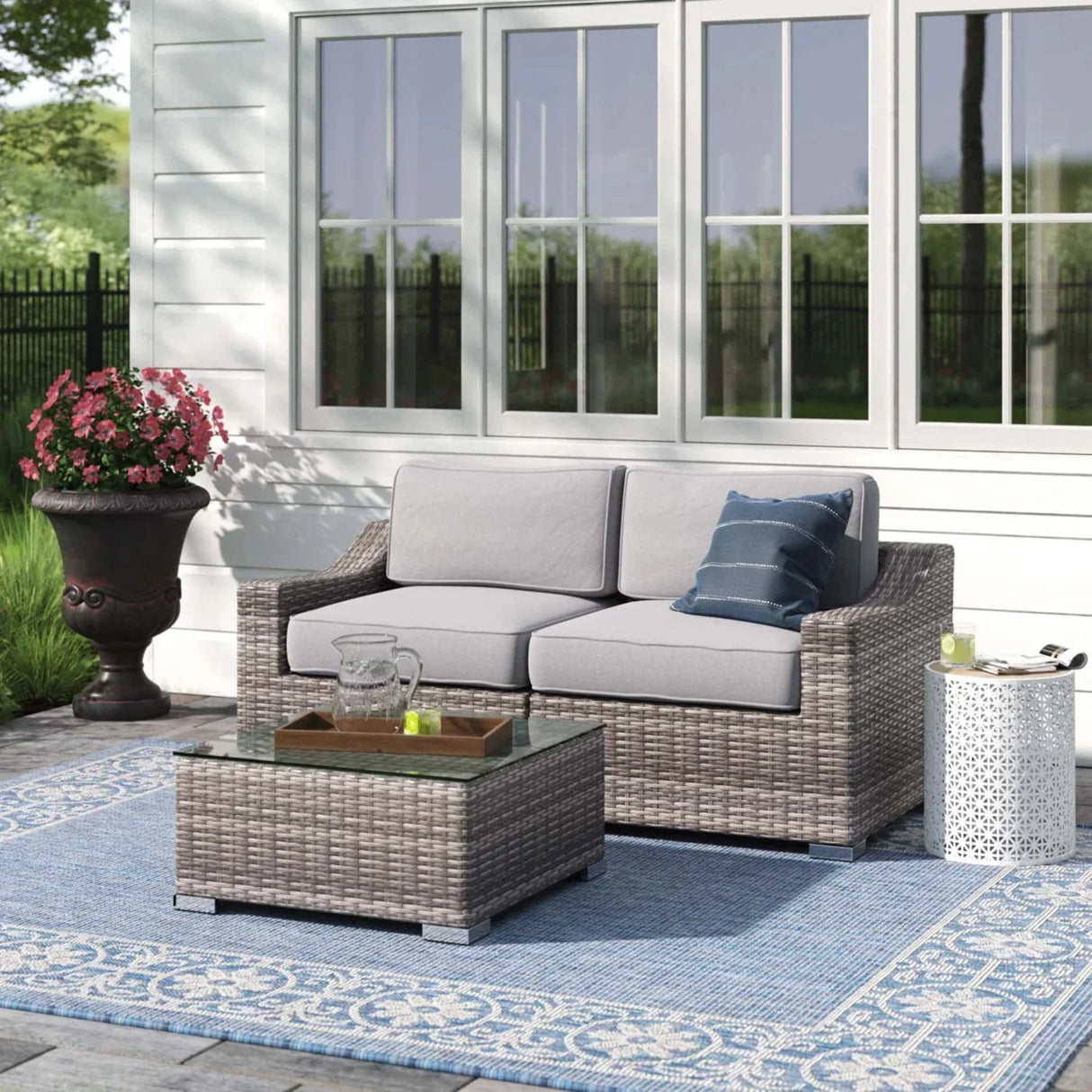 Outdoor Wicker Conversation Set With Cushions, All Weather - Furniture Home Direct