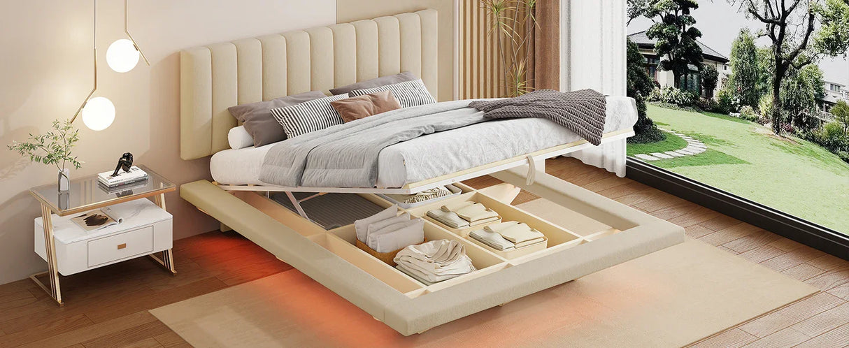 Queen Bed With Upholstered Storage And LED Lighting Beige - Furniture Home Direct