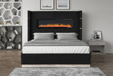 Upholstered Wooden King Bed with Fireplace in Black Velvet Finish - Furniture Home Direct