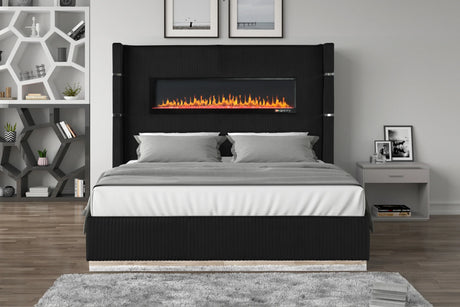 Upholstered Wooden King Bed with Fireplace in Black Velvet Finish - Furniture Home Direct