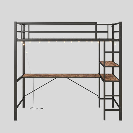 Space Saving Twin Size Loft Bed With L Shaped Desk, Shelves, Charging Station, Led Lights - Brown - Furniture Home Direct