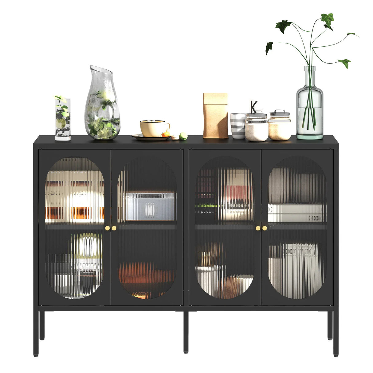 Modern Metal Sideboard Cabinet With 4 Glass Doors, Steel Kitchen Storage And Coffee Bar Cabinet - Black - Furniture Home Direct