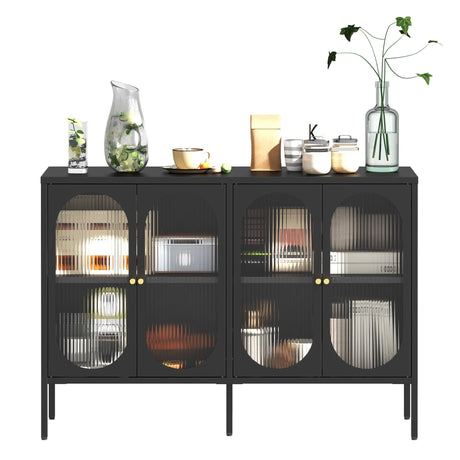 Modern Metal Sideboard Cabinet With 4 Glass Doors, Steel Kitchen Storage And Coffee Bar Cabinet - Black - Furniture Home Direct