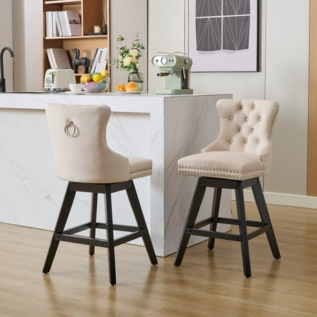Bar Stools Counter Height Velvet Upholstered Set of 2 Beige - Furniture Home Direct