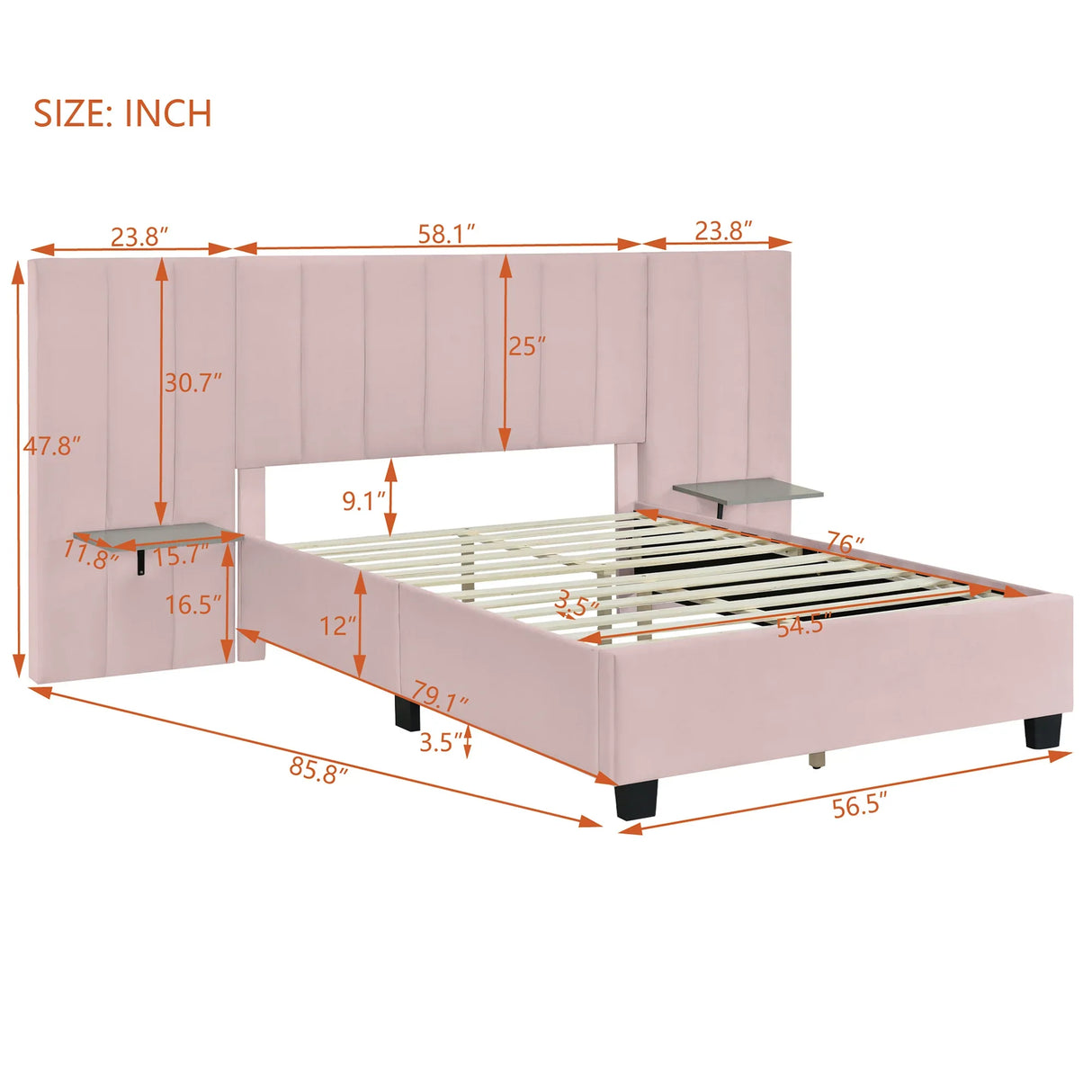 Full Size Upholstered Platform Bed Tall Headboard Pink - Furniture Home Direct